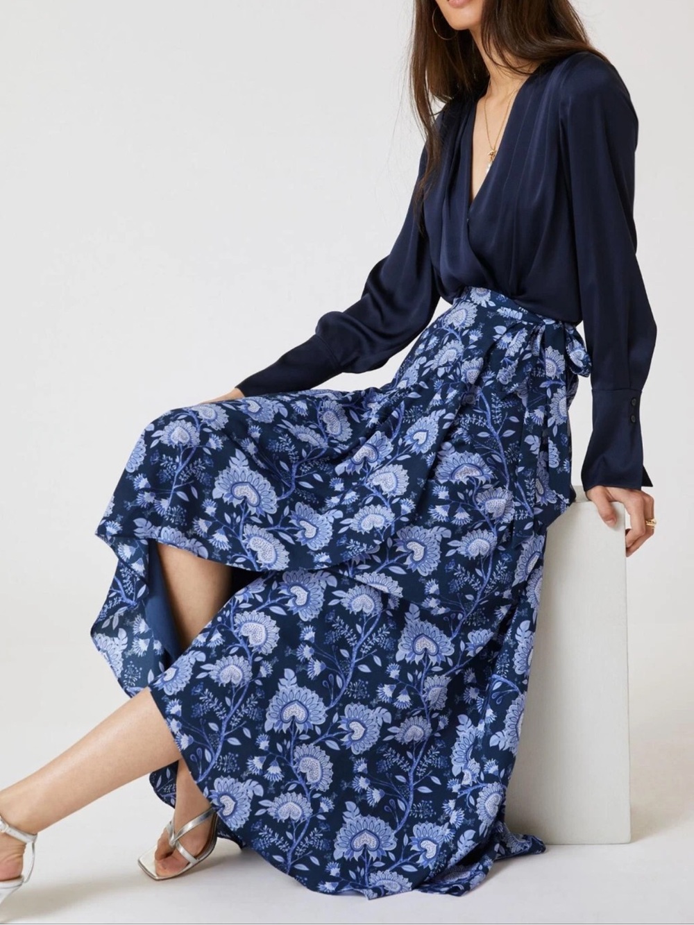 Anthropologie Hutch Blue Floral Ruffle Wrap Maxi Skirt Small